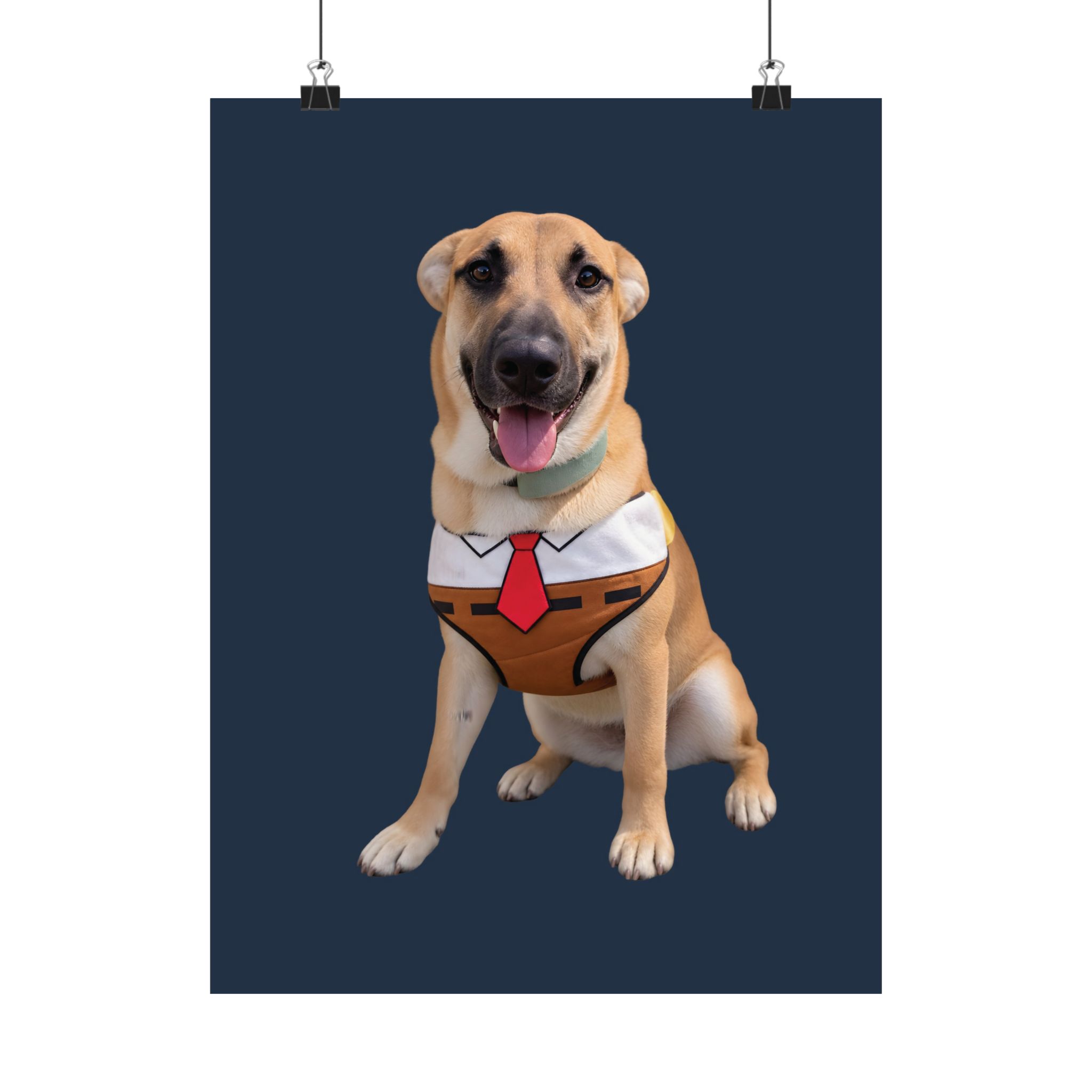 A matte portrait print of original Lulu in a white collar and red tie on midnight blue