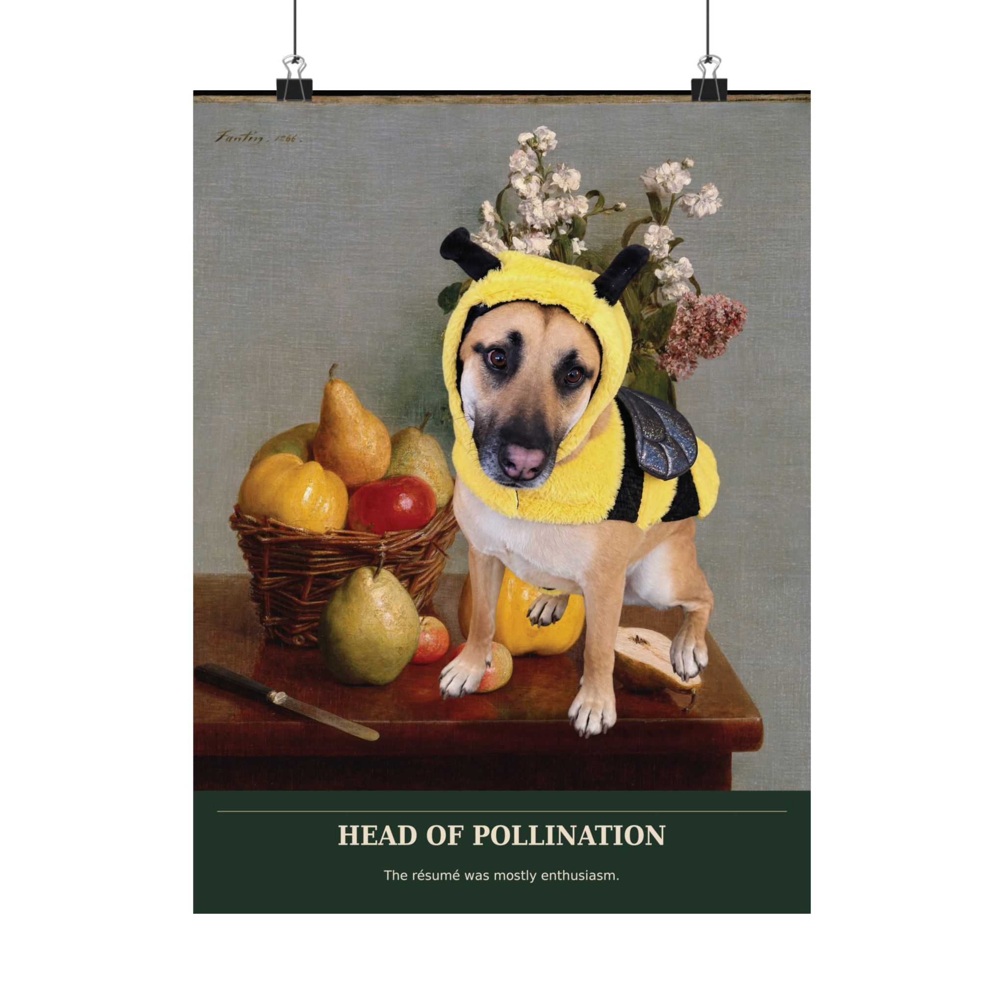 A matte art print of real Lulu in her bee costume among flowers and fruit