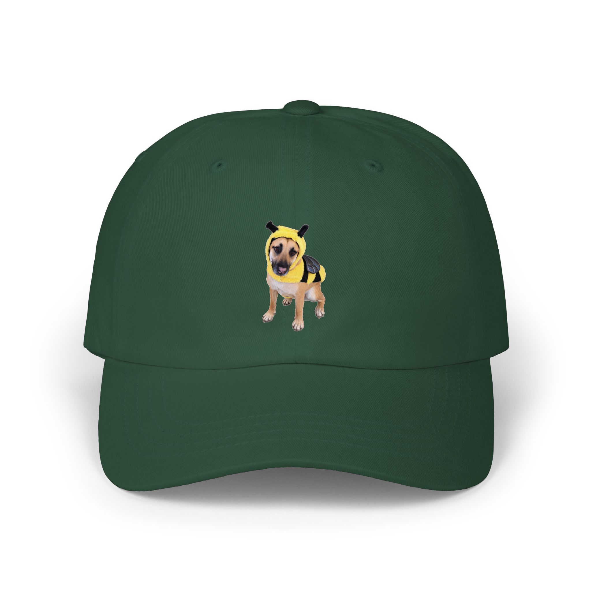 Spruce green Lulu B dad cap with the full real photo of Lulu in her bee costume printed on the front
