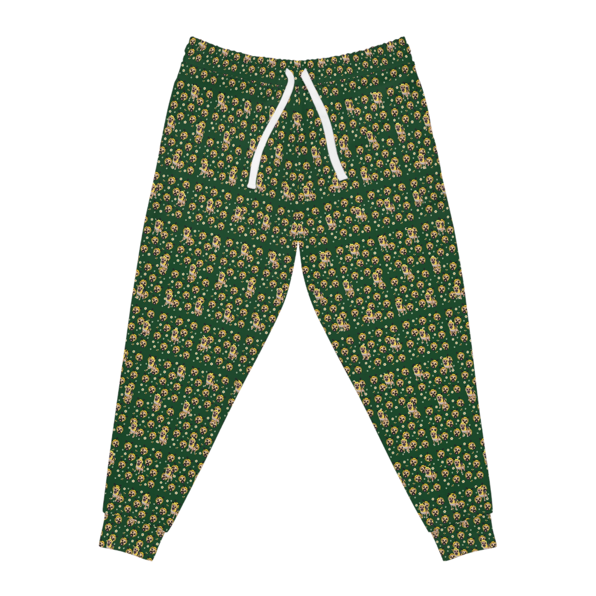 Front of matching forest-green all-over Lulu bee joggers with original illustrated pattern, repeated full Lulu bee photographs, side pockets and white waist drawstrings