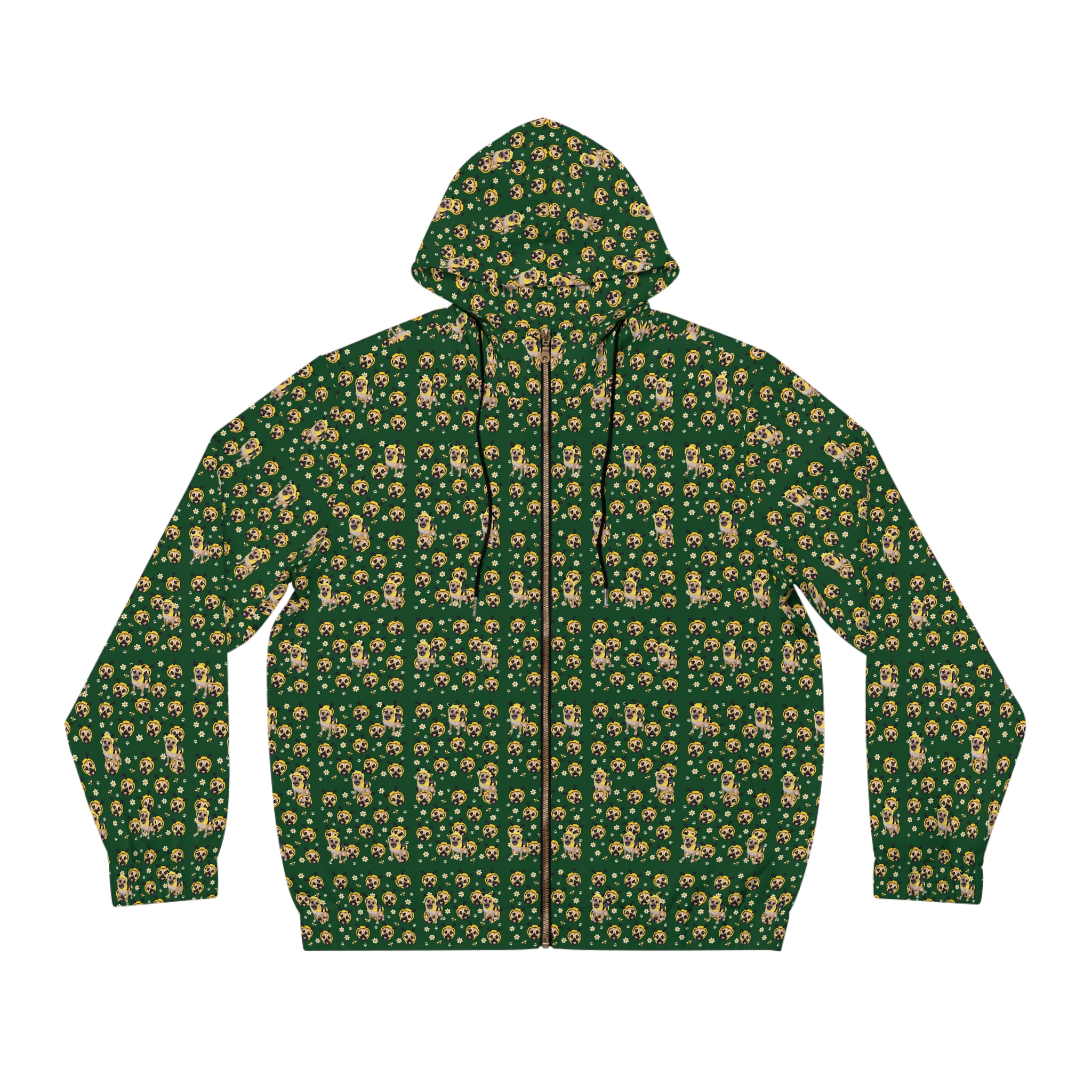Front of the forest-green all-over Lulu bee zip hoodie with original illustrated pattern, repeated complete Lulu bee photographs, gold-colored zipper and black drawstrings